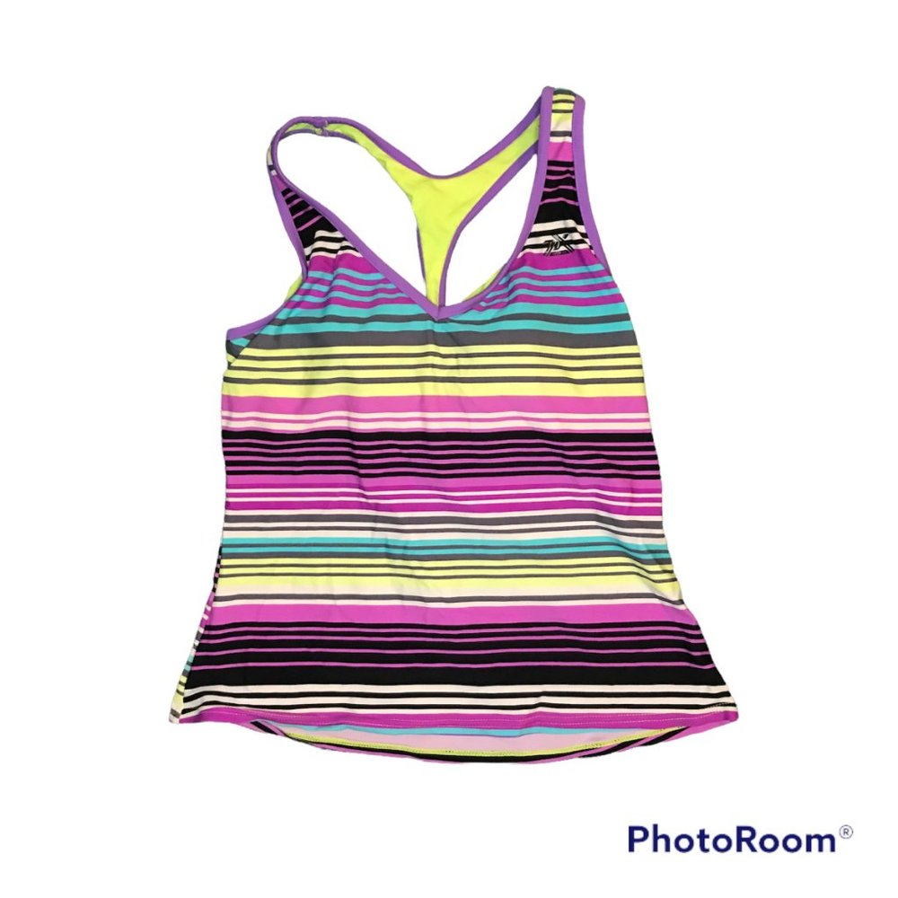 Zeroxposur Women’s S Neon Multicolor Striped Tankini Top - GOOD